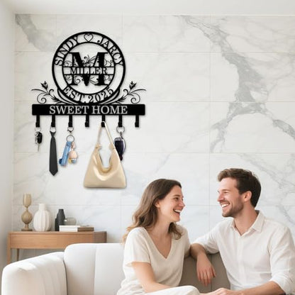 Personalized Monogram Key Holder for Wall, Custom Family Name Hooks | Monogram name design with rust-resistant metal, free hardware, ideal for new home, wedding, couples and housewarming - color: Monogram