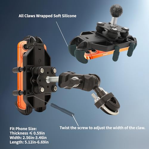 Motorcycle Phone Mount Holder, Motorcycle Cell Phone Holder with Vibration Dampener, 360° Rotate Adjustable Bike Phone Mount Handlebar Cellphone Holder for 5.2''-6.6'' Smartphones