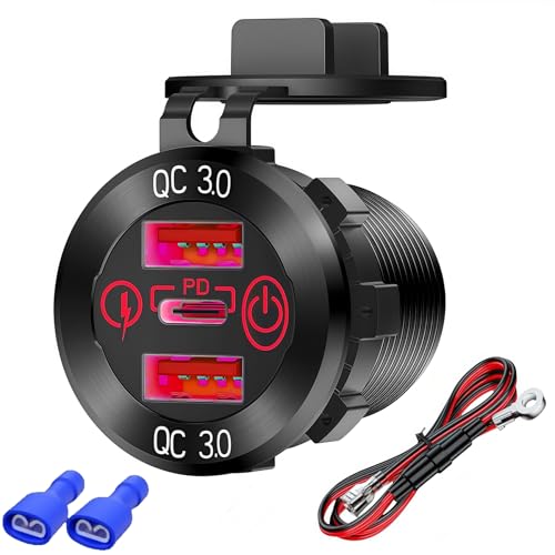 Panel Mount PD USB Car Charger Socket with Fuse Wiring, 65W Lighted Type-C Adapter with ON/OFF Button, Motorcycle 3 Ports QC3.0 USB C Fast Charger 12V Power Outlet for Car Truck RV Marine Boat (Red) - color: Red