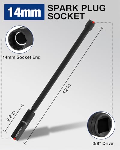 WORKPRO 14MM Swivel Magnetic Spark Plug Socket 12-Point, 1mm Thin Wall Socket, 360 Swivel, 3/8" Drive x 12", Black Phosphate Finish, Anti-Slip Knurled Grip - size: 14MM×3/8"×12"