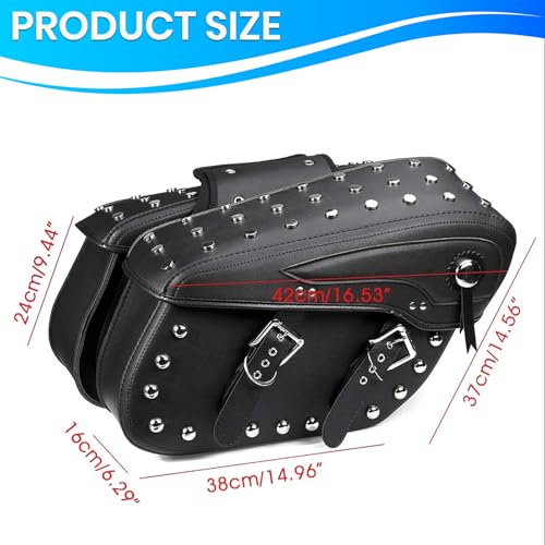 Pair of Motorcycle Saddlebags with Studded Rivet Design, 30L Large Capacity Water-Resistant PU Leather Bags, Quick-Release with Braided Straps