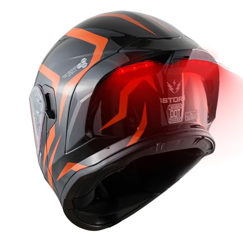 1Storm New Motorcycle Bike Modular Full Face Helmet Dual Visor Sun Shield with Rechargeable LED Tail Light: LED-X90 Arrow Orange - color: Arrow Orange LED Light, size: Medium