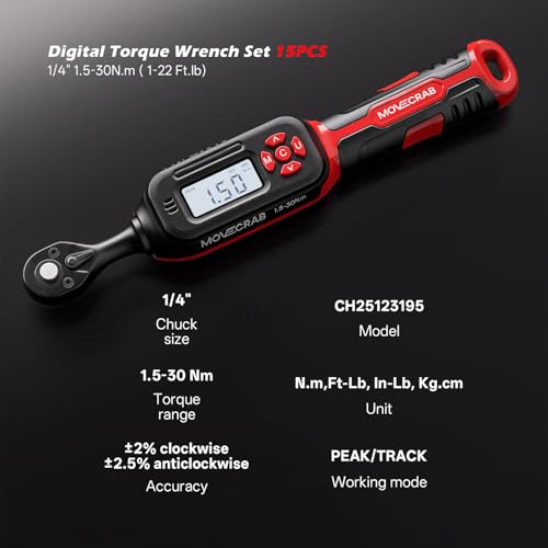 Bike Digital Torque Wrench 1/4" Drive 15-Piece Kit | 1.5-30 N.m / 1-22 Ft.lb Torque Range for MTB & Cycling Maintenance - size: 1/4" 15pcs-Bike 1.5-30N.m/1-22Ft.lb
