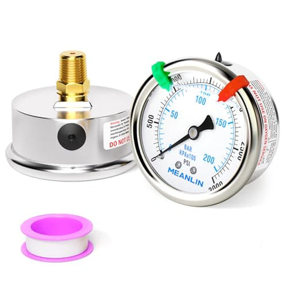 MEANLIN MEASURE 0~3000Psi Liquid Filled Pressure Gauge 1/4" NPT 2.5" FACE DIAL Stainless Steel Glycerin Filled WOG Water Oil Air Back Mount (with 2PCS Snaps) - size: 0-3000Psi