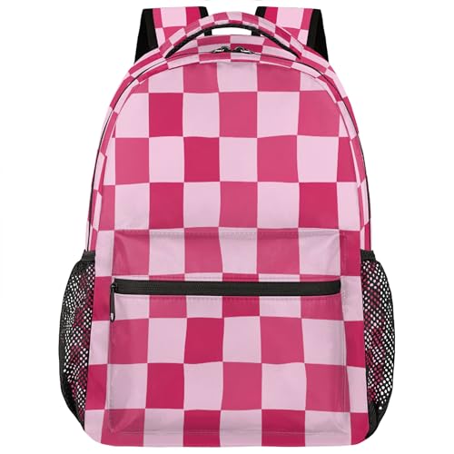 Checkered Backpack for Women Men, Fashion School Backpack for Kids Teens, Pink Checkered Laptop Backpacks Bookbag for Travel Work - color: Pink Checkered