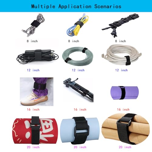 24 Pack (8"-12"-16"-20") Reusable Fastening Cable Ties and Cable Straps,Adjustable Multi-Purpose Hook and Loop Straps Nylon Cable Ties Organizer Fastener Management Wire Straps - size: (8-12-16-20) x 1'' (Black)