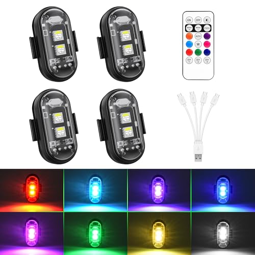 Wireless RGB LED Aircraft Strobe Lights with Remote Control, 8 Colors 10 Flash Modes USB Charging Anti-Collision Lights Waterproof Emergency Warning Light for Drone Car Motorcycle Bike 4 Pcs - color: 4Pcs