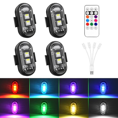 Wireless RGB LED Aircraft Strobe Lights with Remote Control, 8 Colors 10 Flash Modes USB Charging Anti-Collision Lights Waterproof Emergency Warning Light for Drone Car Motorcycle Bike 4 Pcs - color: 4Pcs