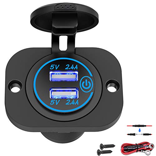 Dual USB Socket 12V Marine Outlet with Switch Golf Cart USB Port 12 Volt DC Car Charger Mount Waterproof Cigarette Lighter Power Adapter DIY Kit Fast Charge with Blue LED for Boat Motorcycle ATV RV