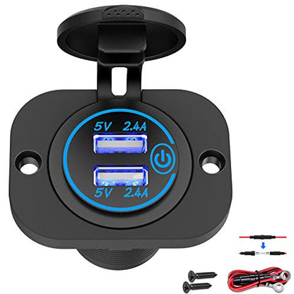 Dual USB Socket 12V Marine Outlet with Switch Golf Cart USB Port 12 Volt DC Car Charger Mount Waterproof Cigarette Lighter Power Adapter DIY Kit Fast Charge with Blue LED for Boat Motorcycle ATV RV