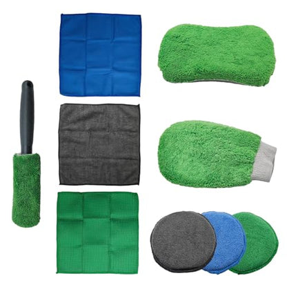 Craedli 9PCS Car Wash Cleaning Kit, Microfiber Auto Detailing Set with Wheel Brush, Wash Mitt, Sponge, Drying Towels & Applicator Pads, Vehicle Interior Exterior Wash Tools Supplies (Green) - color: Green