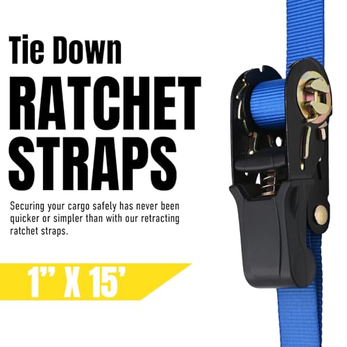 Stay There Ratchet Tie Down Straps 1'' x15', Ratchet Straps with S Hook - 1760lb Break Strength for Securing Motorcycle, Kayak, Truck with Rubber Handles, A Sturdy Bonus Bag & 4 Soft Loops Included - color: Blue