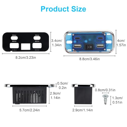 Linkstyle RV USB Outlet, 76W Dual 18W USB-A & Dual 20W PD3.0 Ports, Power Outlet Panel with Switch for 12V/24V Car Truck Marine - color: 1PCS