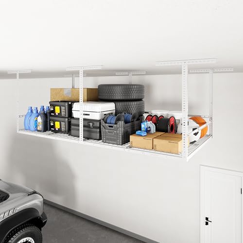 FLEXIMOUNTS 4x8ft Overhead Garage Storage Rack with Safety Rails, White | 750lbs Capacity, Adjustable 22-40" Height, 3-Sided Guard Rails, Heavy Duty Metal, Ceiling Storage System - color: White