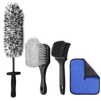 4PCS Professional Wheel Detailing Set - Metal-Free Flat Rim Brush, Dual-Hardness Tire Brushes & Lint-Free Towel | Scratch-Free Brake Dust Removal for All Vehicles - color: 4
