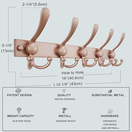 Dseap Coat Rack Wall Mount, Heavy Duty 12-Gauge Base vs Flimsy 1mm, Double-Thick Solid Anti-Snap Hooks, 16” Stud-Mount, Stainless Steel Hanger for Clothes Hat Entryway Closet Mudroom, Rose Gold - color: Rose Gold, size: L=17" (1pcs)