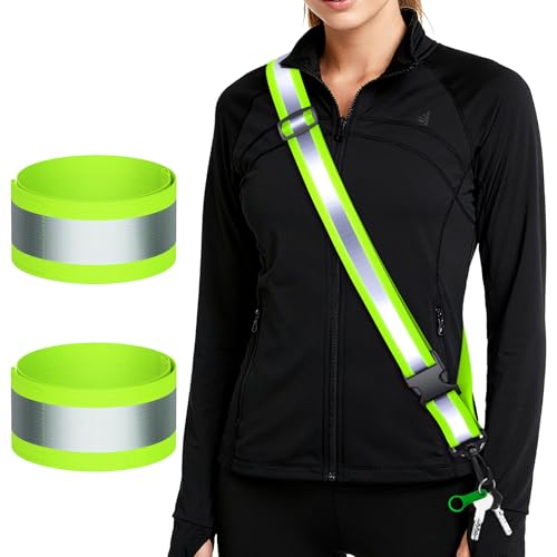 Reflective Walking Gear at Night, High Visibility Safety Reflective Sash Belt and 2-Pack Armband Set, Night Running Safety Gear for Women Men Kids - color: Green