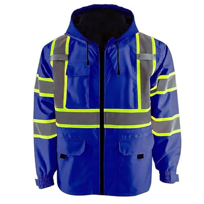 KARXICIY ZUJA Hi Vis Reflective Safety Jacket for Men Women Construction Jacket with Hood High Visibility Safety Rain Jacket - color: Blue - Thickening, size: Small