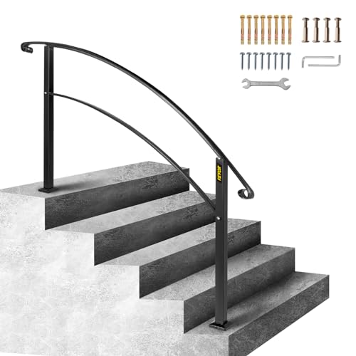 VEVOR Handrails for Outdoor Steps, Fit 1 or 5 Steps Outdoor Stair Railing, Black Wrought Iron Handrail, Flexible Front Porch Hand Rail, Transitional Handrails for Concrete Steps or Wooden Stairs - size: Black 4-5 Step, style: Style1 - Curved