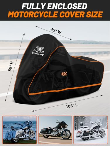 Full Enclosed Motorcycle Cover, 600D Heavy Duty Motorcycle Cover Waterproof with Reflective Strips & Vents, Fits 108" Cruiser, Dirtbike & Touring Motorcycles (Black) - size: 108"-XXXL