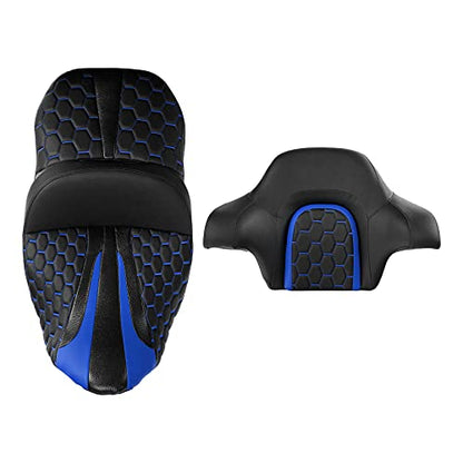 C.C. RIDER Gel Seat Driver Passenger Seat and King/Chopped Tour Trunk Backrest Fit For Harley Touring 2014-2023 Street Glide Road Glide Road King Electra Glide,Blue Hexagon - color: 23# Gel Blue+ 1 Backrest