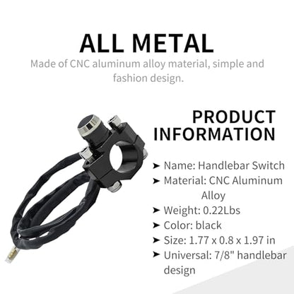 CNC Aluminum 7/8" Motorcycle Handlebar Control Horn Start Switch Button Momentary Action with Two Bullet Connectors Black
