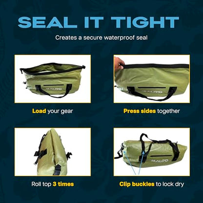 Malo’o Waterproof Dry Duffel, Heavy-Duty Roll Top Waterproof Gear Bag with Shoulder Strap & Molle Loops, Marine Duffel for Kayaking, Boating, Camping, Beach & Travel, Dark Green, 100L - color: Dark Green, size: 100L