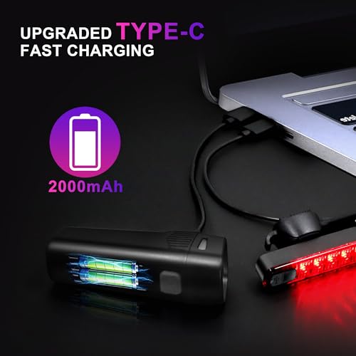 400LM USB Rechargeable Bike Light Set, Front Headlight & Rear Taillight, 5 Lighting Modes, Waterproof Safety Cycling Lights for Road Mountain Bikes, Bike Lighting Parts & Accessories