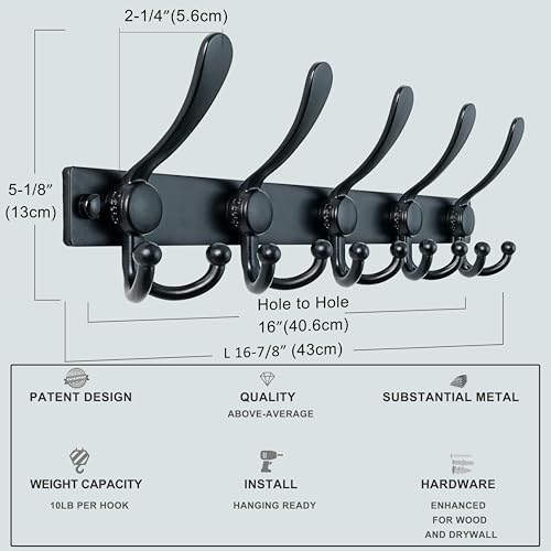 Dseap Coat Rack Wall Mount, Heavy Duty 12-Gauge Base vs Flimsy 1mm, Double-Thick Solid Anti-Snap Hooks, 16” Stud-Mount, Stainless Steel Hanger for Clothes Hat Entryway Closet, Black, Pack of 2 - color: Black, size: L=17" (2pcs)