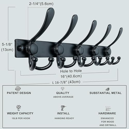 Dseap Coat Rack Wall Mount, Heavy Duty 12-Gauge Base vs Flimsy 1mm, Double-Thick Solid Anti-Snap Hooks, 16” Stud-Mount, Stainless Steel Hanger for Clothes Hat Entryway Closet Mudroom, Black - color: Black, size: L=17" (1pcs)