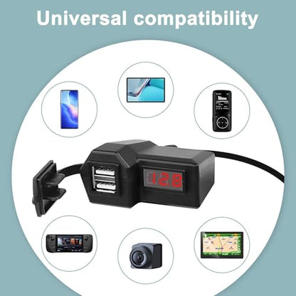 XMSJSIY Motorcycle USB Charger 5V 3.1A Dual USB Phone Charger Adapter Kit Cable with Voltmeter、Waterproof and ON/Off Switch,Handlebar Mounting or Diameter Rearview Mirror Holder-1.4M/4.59FT