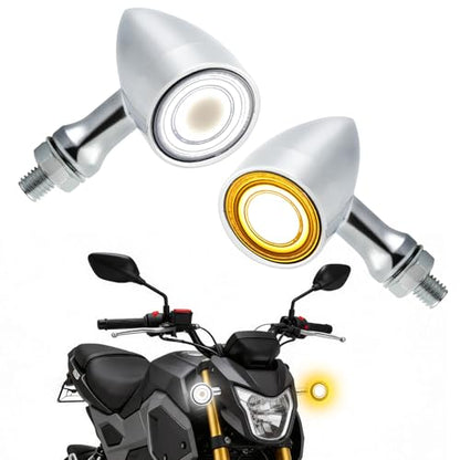 DREAMIZER Motorcycle Led Turn Signal Lights 2x, Bullet Blinker Motorcycle Front Turn Signal Light Compatible with Harley Honda Yamaha Kawasaki (Chrome/Yellow-White light) - color: B-Front/Chrome shell + yellow-white light