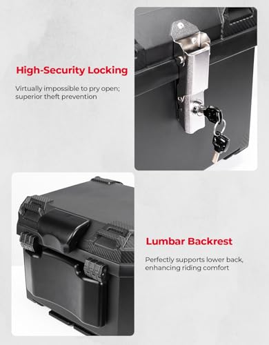 KEMIMOTO Motorcycle Top Case, Universal PP Plastic Trunk, Motorbike Tail Box for All Motorbike, 45L Waterproof Detachable Motorcycle Tail Bag with Lock & Back Cushion, Black - size: 45L