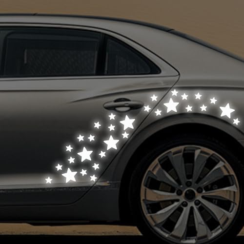 30pcs Star Vinyl Decal for Cars, High Intensity Reflective DIY Stickers for Window Bumper Mirror Laptop Decals Waterproof Night Safety Sign Car Stickers (White) - color: White