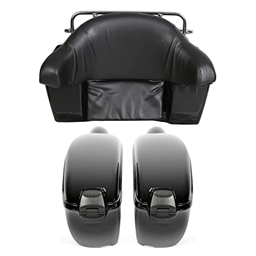 ECOTRIC Black Universal Hard Saddle Bag Trunk Tail Box w/Top Rack & Backrest & Tail Light Compatible with Yamaha Cruiser - color: Black, size: Trunk 50L & Saddlebags 35L