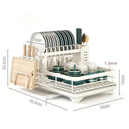 2-Tier Dish Drying Rack with 360° Rotating Drainage, Detachable Utensil Holder , Rust-Resistant Carbon Steel Dish Drainer for Kitchen Counter - color: White