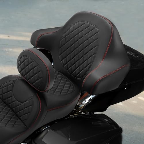 HR3 Wrap Around Backrest Pad for King Trunk Chopped Trunk Compatible with 2014-later Harley Touring Road King Road Glide Street Glide Electra Glide (Diamond Red Stitches) - color: Red Stitches