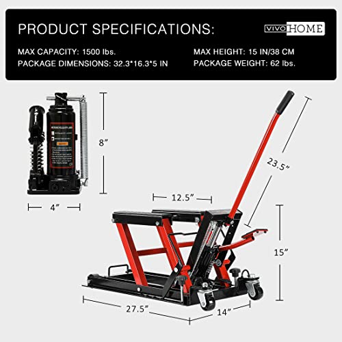 VIVOHOME 1500 LBS Hydraulic Motorcycle Lift Jack, Heavy-Duty Steel ATV Lift Stand with Wheels & Handle, for Motorcycles, Dirt Bikes, ATVs (Red) - color: Red