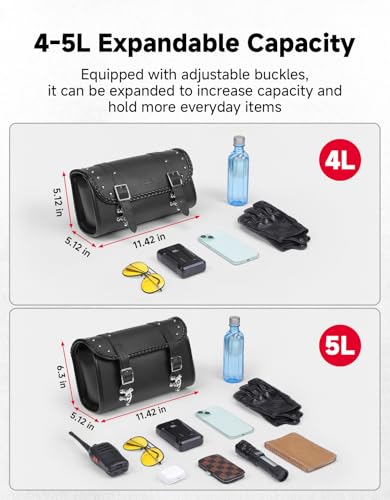 KEMIMOTO Motorcycle Fork Tool Bag 4-5L Expandable with Metal Quick-release Hook, PU Leather Adjustable Capacity Universal Saddlebag for Front Fork Handlebar Sissybar Storage Pouch Motorcycle Roll Bag - style: Metal Quick Release