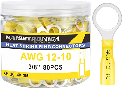 haisstronica 80PCS Heat Shrink Ring Terminals 3/8" Marine Grade Wire Connectors Yellow AWG 12-10 Gauge, Tinned Red Copper 1mm Resistant Ring Connectors, Brazed-Seam Insulated Electrical Crimp - color: Yellow, size: Ring 3/8"