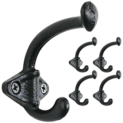 Dseap Cast Iron Wall Hooks, Heavy Duty Coat Hooks, Rustic Vintage Farmhouse Hook for Hanging Winter Coats Jackets Towels Hats Bags Plants, Antique Black, Pack of 5 (ShldCast) - color: Black, size: L=3.25" (Pack of 5)