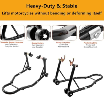 Motorcycle Stand 850LBS Heavy Duty Rear Wheel Lift, U+L Fork Combo Swingarm Spool Paddock Stand for Sport & Dirt Motorcycles, Black