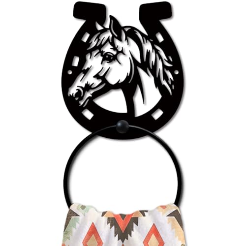 MAYJOYDIY Horse Head Horseshoes Metal Towel Ring, Farm Animal Black Hand Towel Holder, Mane Steed Design Hanging Ring Wall Mounted Bathroom Accessories for Bathroom Kitchen Home Decoration Gift - color: Horse Head