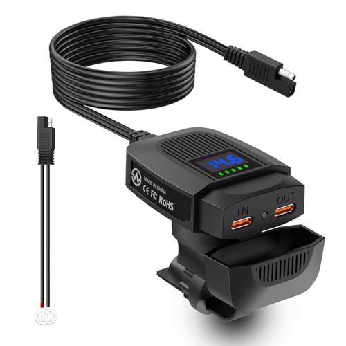 Motorcycle USB C Charger, 30W Fast Charging & Reverse Charging with USB C Port, Voltage Display, Compatible with 12V Lead-Acid & Lithium Batteries for Motorcycles, Scooters, ATV