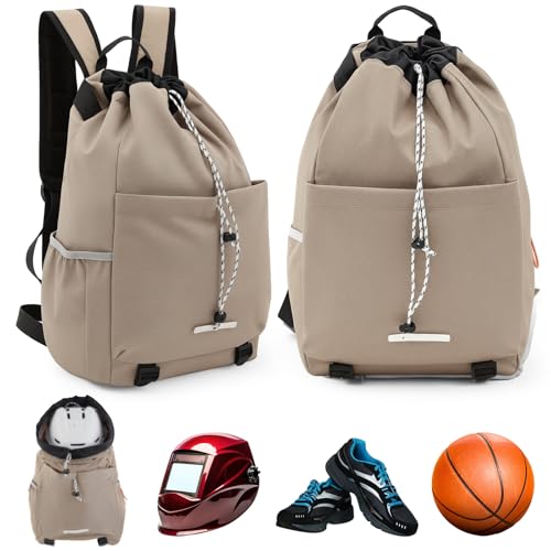 Aliceset Helmet Backpacks Welding, Waterproof Motorcycle Helmet Bag with Drawstring, Adjustable Shoulder Straps Pocket, Nylon, Large Capacity, Gift for Electrician Welder School Students(Khaki) - color: Khaki