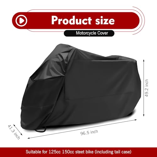 Motorcycle Cover, Waterproof Outdoor Bike Cover with Lock Holes, All Season Protection Covers with Storage Bag, Universal Motorcycle Accessories for Dirt Bikes, Scooters (Black)