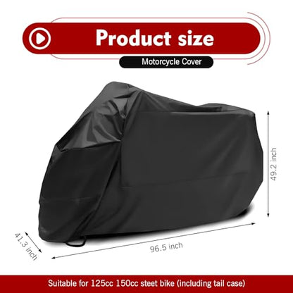 Motorcycle Cover, Waterproof Outdoor Bike Cover with Lock Holes, All Season Protection Covers with Storage Bag, Universal Motorcycle Accessories for Dirt Bikes, Scooters (Black)