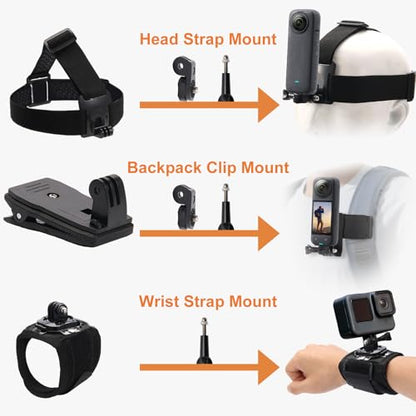 CamKix Accessories Kit Head & Backpack Mount Bundle Compatible with GoPro Hero 13/12/11/10/9/8/7/6/5, Insta360 - Head Strap Mount, Backpack Clip, 360° Rotating Wrist Strap, Adapters - color: Accessories Kit for Insta360 and Gopro