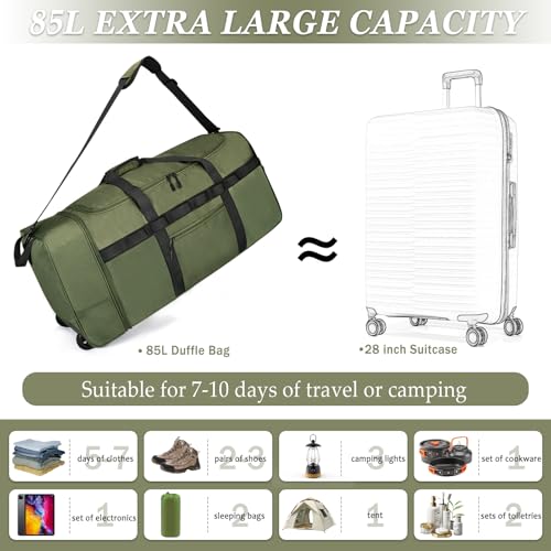Rolling Duffle Bag with Wheels, 85L Expandable Rolling Duffel Bag for Travelling, Extra Large Foldable Carry on Travel Duffle Bag for Men - color: Green