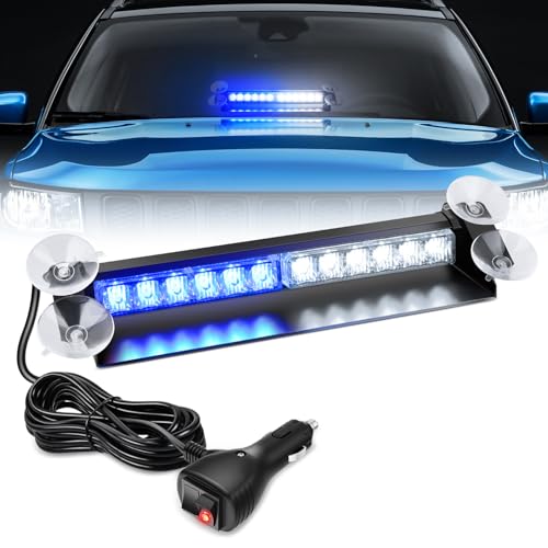 Nilight 12LED Traffic Advisor Strobe Light Bar Blue White Emergency Warning Hazard Safety Dash Front/Rear Windshield Flashing Lights for Cars Trucks Police Firefighter Plow Construction Vehicles - color: Blue White, size: 12LED